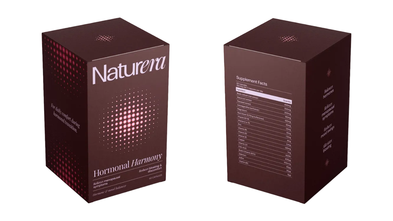Two boxes of Naturera Hormonal Harmony supplement on a white background
